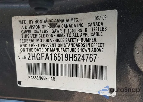 2009 Honda Civic Lx из США, поврежденный, VIN 2HGFA16519H524767